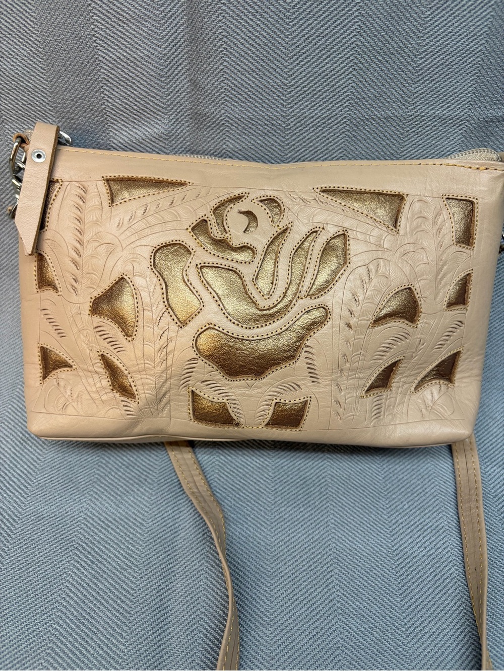 JL Saldivar Crossbody, leather floral tooling with gold metallic cutout vintage?